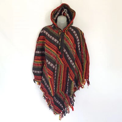 Красно-черное пончо богемное баха шаль фестиваль хиппи открытый серфинг мексиканский лагерь - Изображение 1 из 4