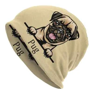 Mops Hund warme Beanie Totenkopf Mütze Besitzer Geschenk braun Skully Skullie Tuque Winter - Bild 1 von 5
