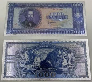 ROMANIA 1000 LEI 1950 SILVER PLATED POLYMER BANKNOTE - Picture 1 of 1