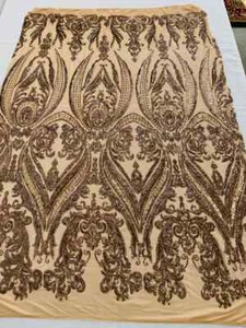 Damask Fabric - Mocha - Embroidered Design on Lace Mesh Fabric - Picture 1 of 3