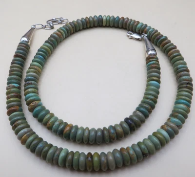 Olive Green Natural Turquoise Disc Bead Sterling Silver Beaded Necklace #1124 - Image 1 of 4