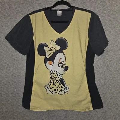 Disney Minnie Mouse Scrub Top Fitted Yellow Side Pockets Womens Size Large  - Image 1 of 4