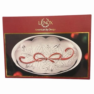 Lenox Holiday geschnitztes Metall Silber ovales Serviertablett mit roter Schleife 10" IOB - Bild 1 von 5