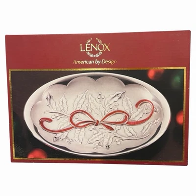 Bandeja para servir Lenox Holiday de metal tallado plateado ovalada con lazo rojo 10" IOB Foto 1 de 4