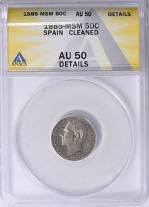 Spanien 1885 (86) - MS M Silber 50 Centimos KM-685 ANACS AU-50 Details - Bild 1 von 2