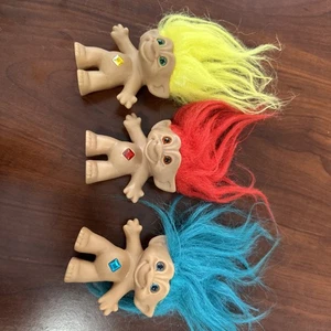 3 Vintage Treasure Trolls With Jewel Belly by Ace Novelty Co Blue Red Yellow - Picture 1 of 14