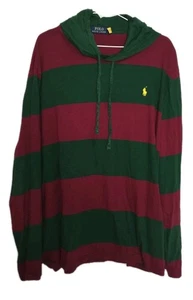 Polo Ralph Lauren Lightweight Hoodie Green/Burgundy Stripe Pullover Men's XL VGC - Picture 1 of 11
