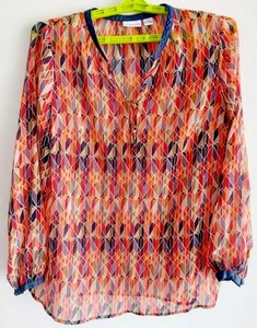 Blusa LIZ CLAIBORNE para mujer XL transparente geoimpresión con ribete de mezclilla - Imagen 1 de 9