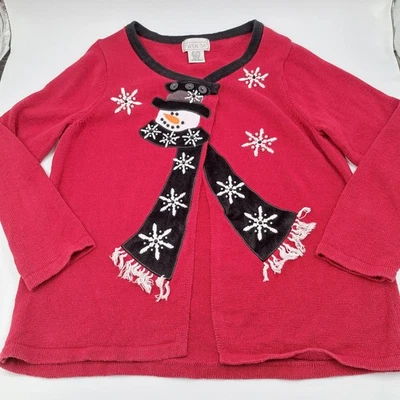 Cárdigan tejido muñeco de nieve vintage Mandal Bay Navidad suéter mujer XL rojo con cuentas Foto 1 de 4