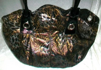 Metallic Gold Silver Hananel Wild Animal Print Black Patent Handbag Tote Purse - Image 1 of 4