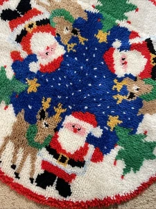 Vintage Christmas SANTA Claus, Rudolph & Trees Round Latch Hook Rug 34” Finished - Picture 1 of 8