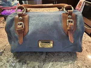 Valentina Metallic Denim Blue Suede Leather Satchel Hand Bag Italy  - Picture 1 of 6