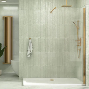 Brushed Brass Walk In Wet Room Shower Screen Panel Cubicle 8mm Easy Clean Glass - Picture 1 of 69