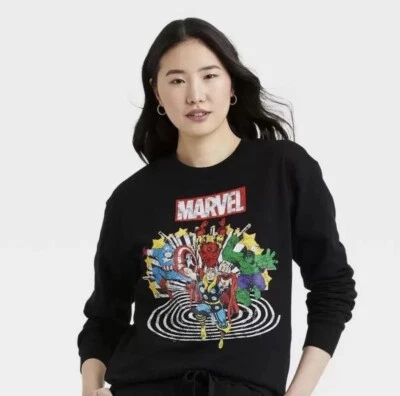 Marvel Sweater Womens Medium Black AOP Superhero Crewneck Captain America Hulk M - Image 1 of 4