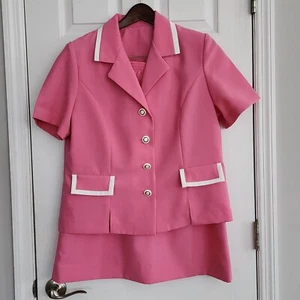Vintage Elizabeth Williams Pink White SKIRT SUIT Size 16 Petite Short Jacket 90s - Picture 1 of 12