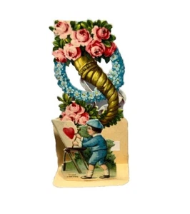 Antique Victorian American Die Cut Painter Heart & Easel Valentine Card Pop Up - Picture 1 of 6