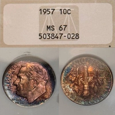 MS67 1957 10C Roosevelt Silver Dime, NGC- Fatty Holder, Rainbow Mint Set Toned - Image 1 of 4