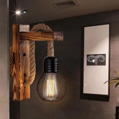 Industrial Wooden Wall Lamp Retro Wall Mount Light Hemp Rope Corridor Cafe Bar - Image 1 of 4