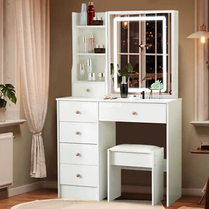 Modern Dressing Table Stool Set Makeup Mirror LED Vanity Desk 6 Drawers White AU - Picture 1 of 9