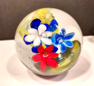 Vintage Art Glass Red White Blue Flowers on Green Swirl Paperweight Round - Picture 1 of 4