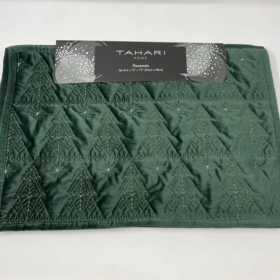 Tahari Home Green Velvet Christmas Trees Holiday Placemats Set of 4, 13"X19"