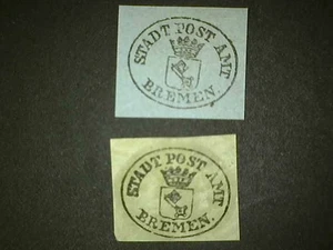 Bremen 1861 + schwarz auf blauer Stadtpost amt Briefmarke und schwarz auf weiß 14,99 $ - Bild 1 von 2