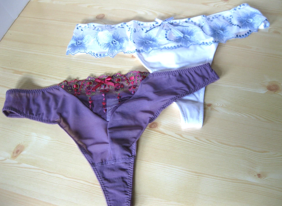 Bragas de tanga 2 pr nuevas de colección Avon blancas/azules y ciruelas/rosa grandes Francia raras Foto 1 de 4