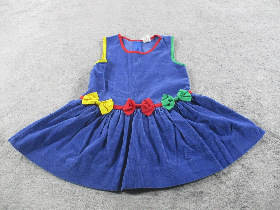 Vestido Vintage Pana Niñas 4 Azul Sin Mangas Multicolor Lazo Borde Fiesta Espalda Foto 1 de 4