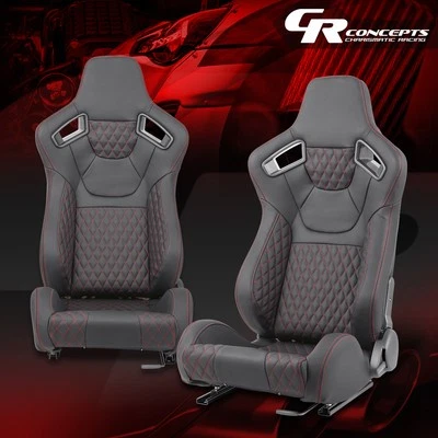 2Pcs Universal Red Vinyl Leather Reclinable Racing Seats w/ Sliders Left+Right - Image 1 of 4