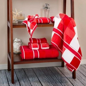 Red and White 6 Piece Velour Towel Set 100 % Percent Cotton Hand Bath Towel - Picture 1 of 2