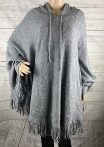 Maglione Olivia M misto lana scialle con cappuccio grande XL grigio frange casual invernale - Foto 1 di 12