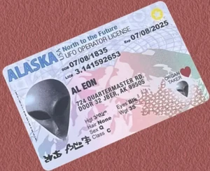 Alien AL eon UFO Operator's License ID Card Roswell Area 51 Permit ALASKA NPORTH - Picture 1 of 3