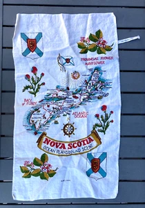Toalla de té de lino vintage Nueva Escocia Océano Parque infantil mapa escudo de armas años 70 - Imagen 1 de 3