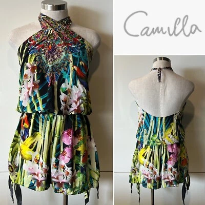 CAMILLA $599 SEDA "Tropical" Halter Cuello Mameluco, Mono, Cristales 2/6US/10AUST Foto 1 de 4