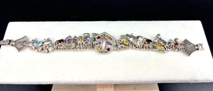 Sterling Silver Gemstone Noahs Ark Slide Charm Bracelet 7.5" Marcasite Accents - Picture 1 of 6