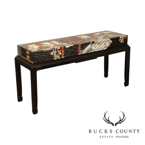 Vintage Chinese Style Lacquered Figural Scene Console Cover