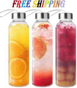 3 Packs Glass Water Bottles with Lid Clear Juice Bottles Reusable Bottle with St - Picture 1 of 7