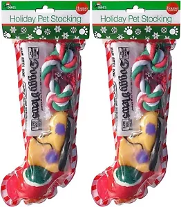 2 Dogs Christmas Stockings Squeaky Newspaper Boot Tennis Ball Knotted Rope NEW - Picture 1 of 7