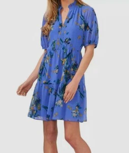 CeCe Women Blue Ruffled Lined Puff Sleeve Babydoll Tiered Shift Dress Size Large - Picture 1 of 3