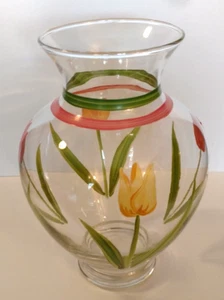 Clear Glass Tulip Vase Hand Painted Flowers--Red, Orange & Yellow Large Size ART - Picture 1 of 7