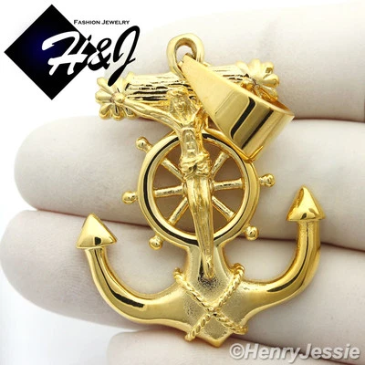 MEN's Stainless Steel Gold Plated Anchor JESUS Cross Charm Pendant*GP58 - Image 1 of 2