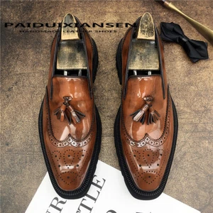 Zapatos de cuero formales de negocios tallados brogue de cuero genuino borla de moda para hombre - Imagen 1 de 15