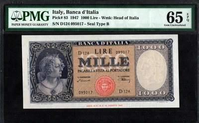 PMG 65 EPQ! ITALY 1947 P-83 1000 LIRE NOTE RARE POP 5/2! - Image 1 of 2