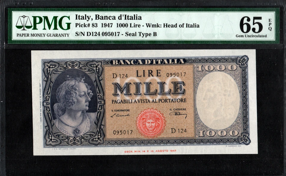 PMG 65 EPQ! ITALY 1947 P-83 1000 LIRE NOTE RARE POP 5/2! - Image 1 of 2
