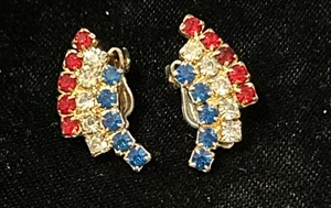 Vintage Red White & Blue Rhinestone Clip-On Earrings - Picture 1 of 4
