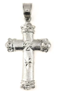Masculine Textured 925 Sterling Silver Fancy Diamond Cut Large Cross Pendant - Picture 1 of 8