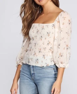 Blumendruck gesmokte Bluse mit eckigem Ausschnitt und transparenten Puffärmeln Small - Bild 1 von 7