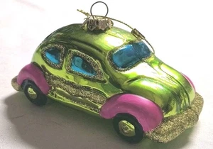 Vintage Mercury Glass Glitter Pink Green VW Volkswagen Beetle Christmas Ornament - Picture 1 of 8