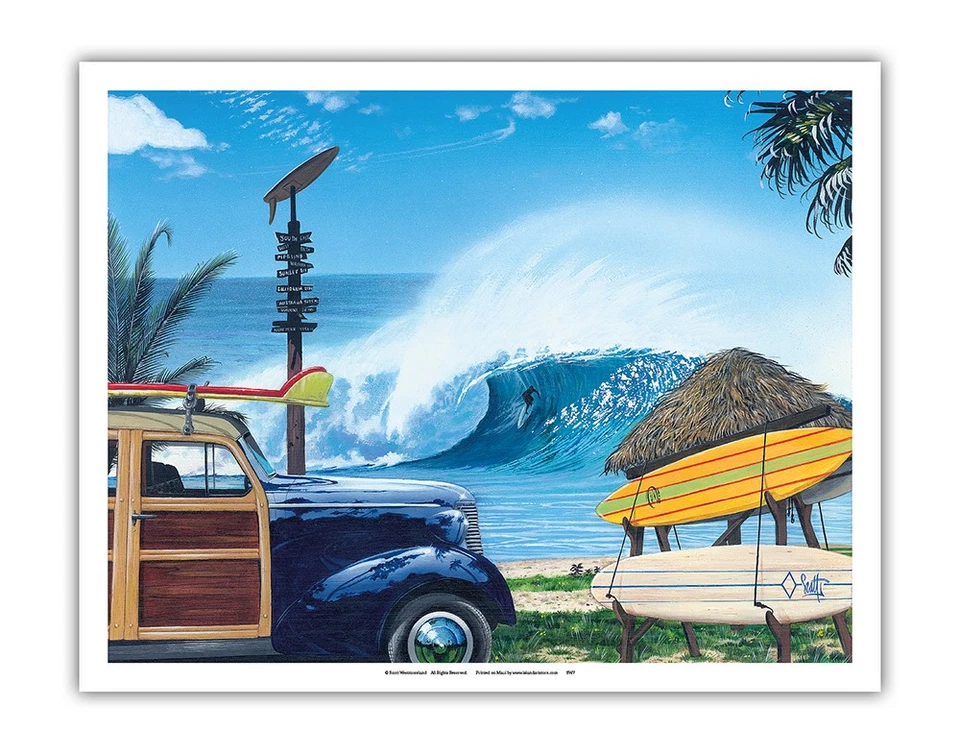 Break Time Retro Woodie on Beach - Big Wave Surfer - Pintura de Westmoreland Foto 1 de 1