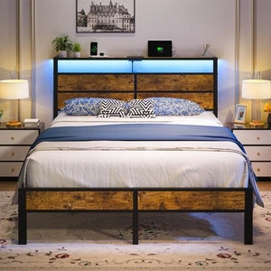 Queen Size Bed Frame, Queen Bed with Charging Station Headboard and LED Light... - Picture 1 of 7